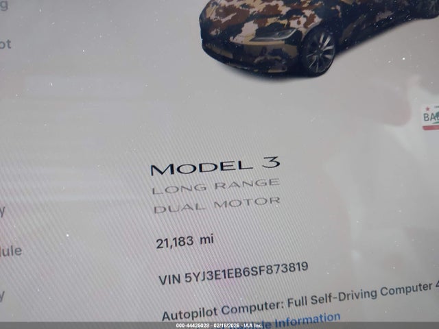 2025 Tesla Model 3 Long Range All-wheel Drive მანქანა იყიდება აუქციონზე, vin: 5YJ3E1EB6SF873819, აუქციონის ნომერი: 44425028