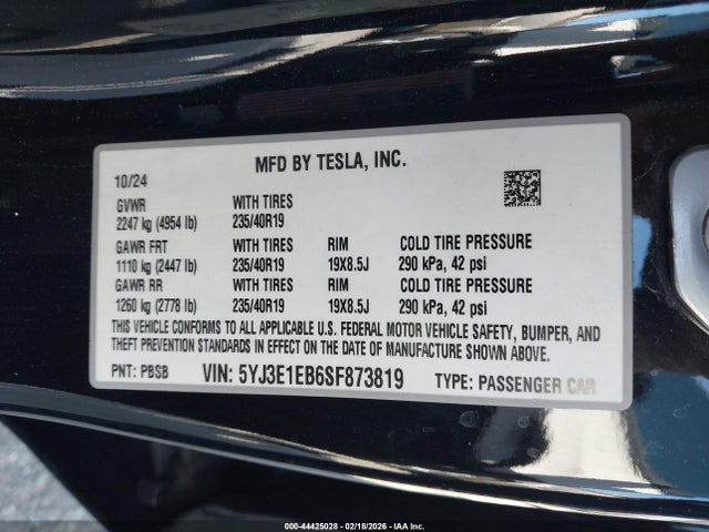 2025 Tesla Model 3 Long Range All-wheel Drive მანქანა იყიდება აუქციონზე, vin: 5YJ3E1EB6SF873819, აუქციონის ნომერი: 44425028