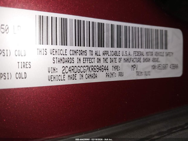 2C4RDGCG7KR694644 Dodge Grand Caravan Sxt
