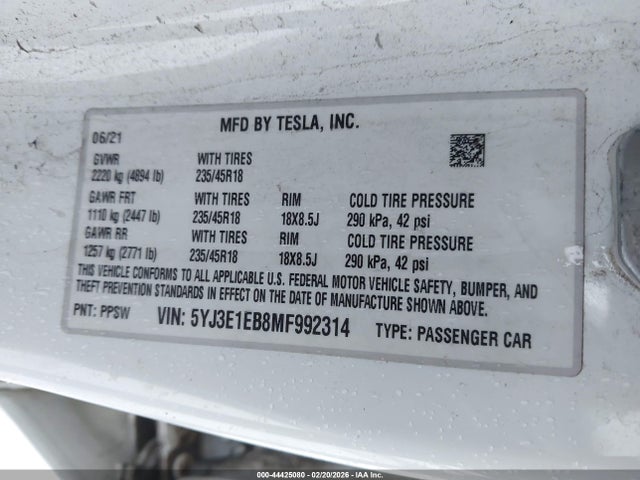 44425080 :رقم المزاد ، 5YJ3E1EB8MF992314 vin ، 2021 Tesla Model 3 Long Range Dual Motor All-wheel Drive مزاد بيع