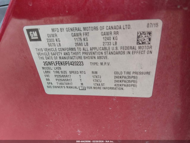 2015 Chevrolet Equinox 1lt მანქანა იყიდება აუქციონზე, vin: 2GNFLFEK6F6420223, აუქციონის ნომერი: 44425096