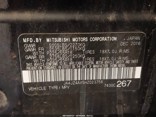 Продаж на аукціоні авто 2017 Mitsubishi Outlander Gt, vin: JA4JZ4AX5HZ023756, номер лоту: 44425127