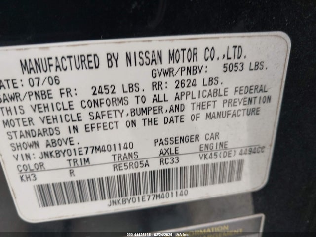 44425135 :رقم المزاد ، JNKBY01E77M401140 vin ، 2007 Infiniti M45 Sport مزاد بيع