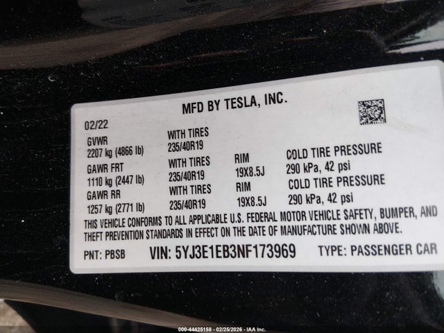 Продажа на аукционе авто 2022 Tesla Model 3 Long Range Dual Motor All-wheel Drive, vin: 5YJ3E1EB3NF173969, номер лота: 44425158