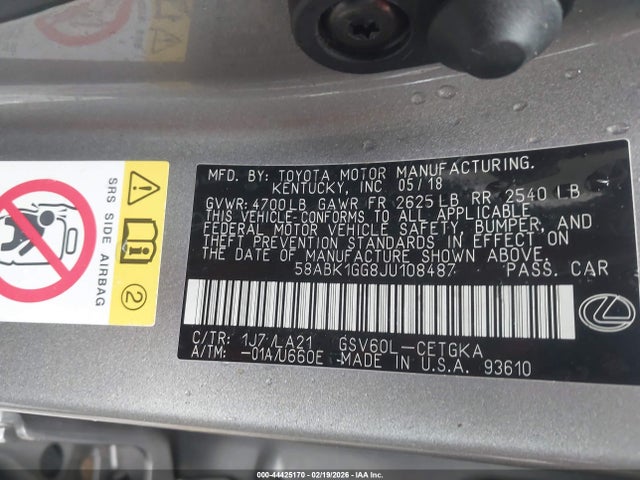 Aukcja sprzedaży 2018 Lexus Es 350, vin: 58ABK1GG8JU108487, numer aukcji: 44425170