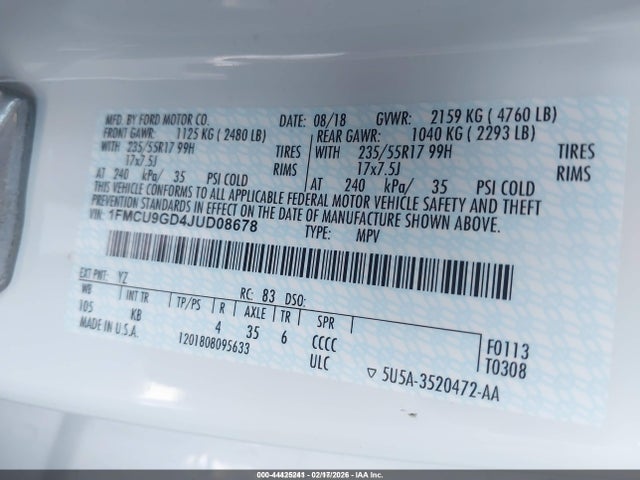 1FMCU9GD4JUD08678 Ford ESCAPE SE
