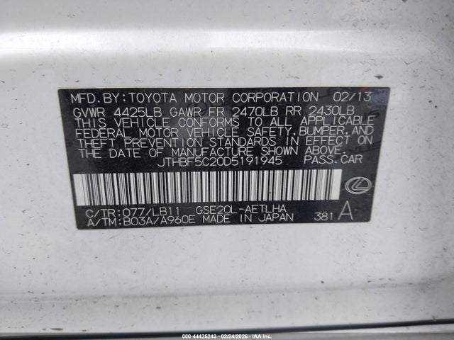 44425243 :رقم المزاد ، JTHBF5C20D5191945 vin ، 2013 Lexus Is 250 مزاد بيع