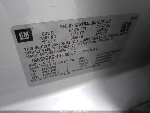 Продажа на аукционе авто 2017 Gmc Yukon Xl Slt, vin: 1GKS2GKC8HR189057, номер лота: 44425357