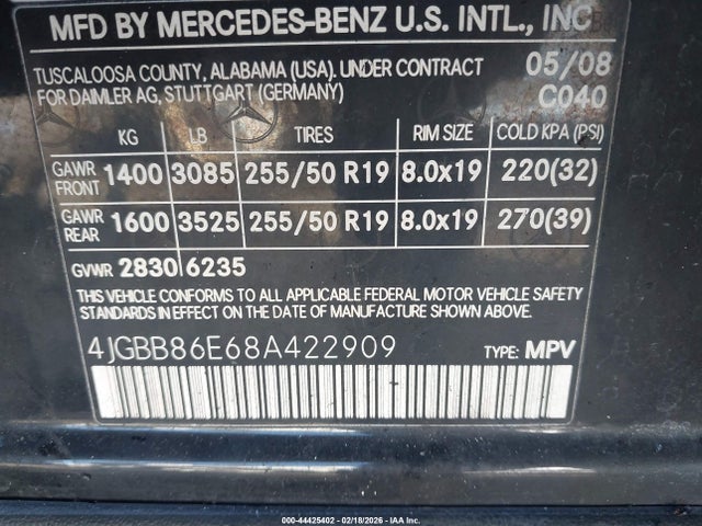 44425402 :رقم المزاد ، 4JGBB86E68A422909 vin ، 2008 Mercedes-benz Ml 350 4matic مزاد بيع