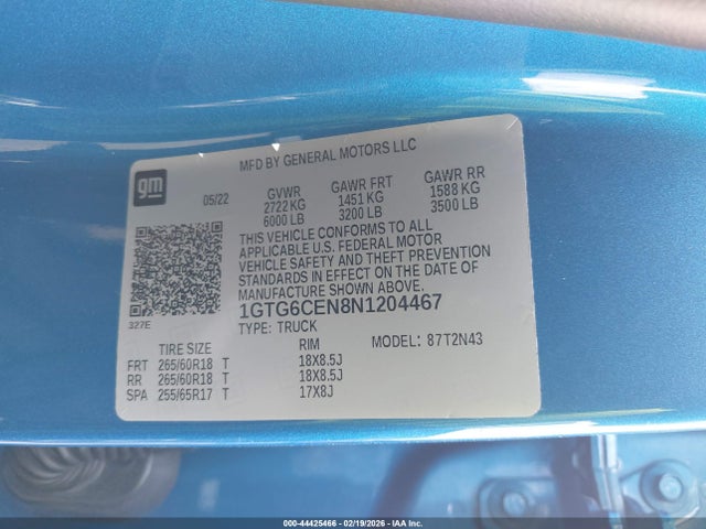 Продаж на аукціоні авто 2022 Gmc Canyon 4wd  Short Box Elevation, vin: 1GTG6CEN8N1204467, номер лоту: 44425466
