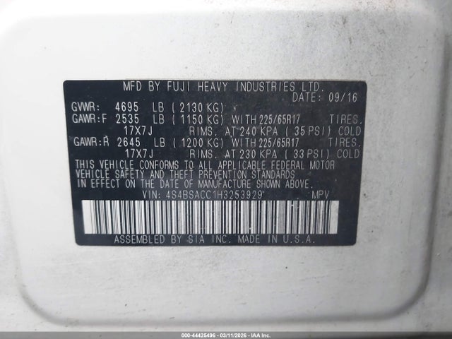 44425496 :رقم المزاد ، 4S4BSACC1H3253929 vin ، 2017 Subaru Outback 2.5i Premium مزاد بيع