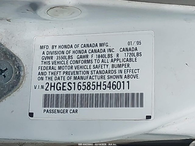 Продаж на аукціоні авто 2005 Honda Civic Lx, vin: 2HGES16585H546011, номер лоту: 44425502