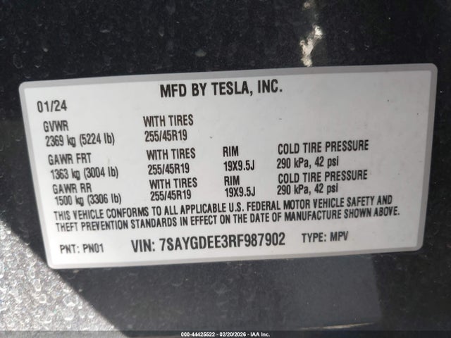 Продаж на аукціоні авто 2024 Tesla Model Y Long Range Dual Motor All-wheel Drive, vin: 7SAYGDEE3RF987902, номер лоту: 44425522