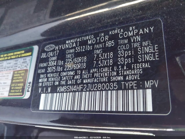 KM8SN4HF2JU280035 Hyundai Santa Fe Se