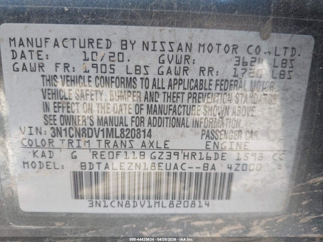 3N1CN8DV1ML820814 Nissan Versa S Xtronic Cvt