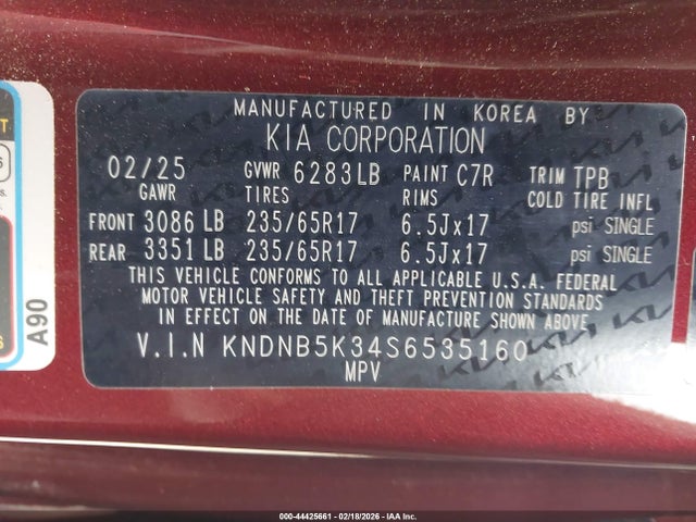 Aukcja sprzedaży 2025 Kia Carnival Mpv Lxs, vin: KNDNB5K34S6535160, numer aukcji: 44425661