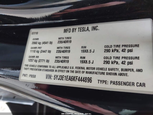 44425725 :رقم المزاد ، 5YJ3E1EA6KF444896 vin ، 2019 Tesla Model 3 Long Range/mid Range/standard Range/standard Range Plus مزاد بيع