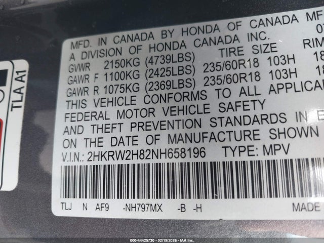 2HKRW2H82NH658196 Honda Cr-v Awd Ex-l