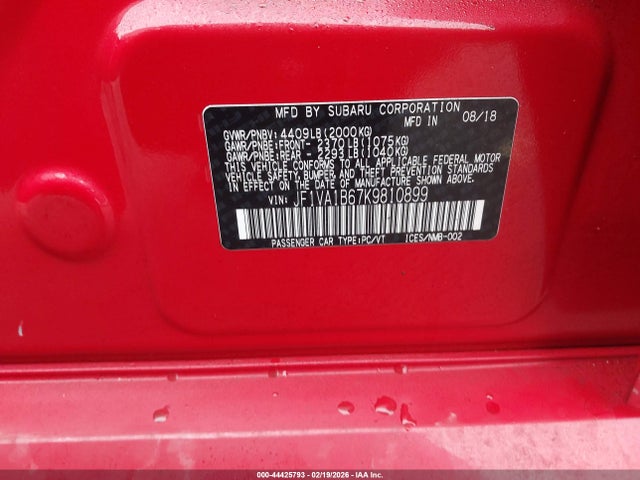 Продажа на аукционе авто 2019 Subaru Wrx Premium, vin: JF1VA1B67K9810899, номер лота: 44425793