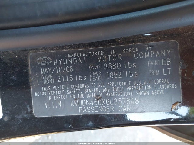 44425802 :رقم المزاد ، KMHDN46DX6U357848 vin ، 2006 Hyundai Elantra Gls/limited مزاد بيع