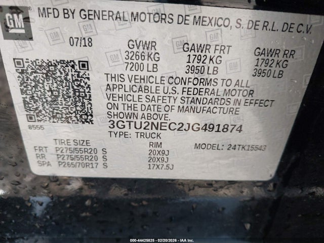 Aukcja sprzedaży 2018 Gmc Sierra 1500 Slt, vin: 3GTU2NEC2JG491874, numer aukcji: 44425825