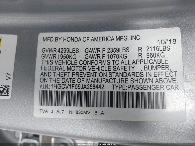 Aukcja sprzedaży 2018 Honda Accord Ex-l, vin: 1HGCV1F59JA258442, numer aukcji: 44425830