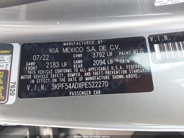 2023 Kia Forte Gt-line მანქანა იყიდება აუქციონზე, vin: 3KPF54ADXPE522270, აუქციონის ნომერი: 44425874