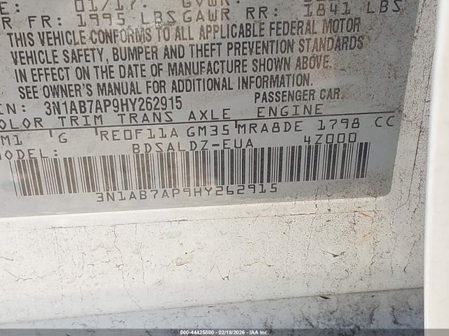 2017 Nissan Sentra Sv მანქანა იყიდება აუქციონზე, vin: 3N1AB7AP9HY262915, აუქციონის ნომერი: 44425880