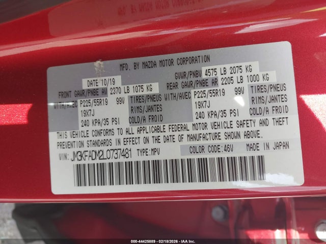 44425889 :رقم المزاد ، JM3KFADM2L0737481 vin ، 2020 Mazda Cx-5 Grand Touring مزاد بيع