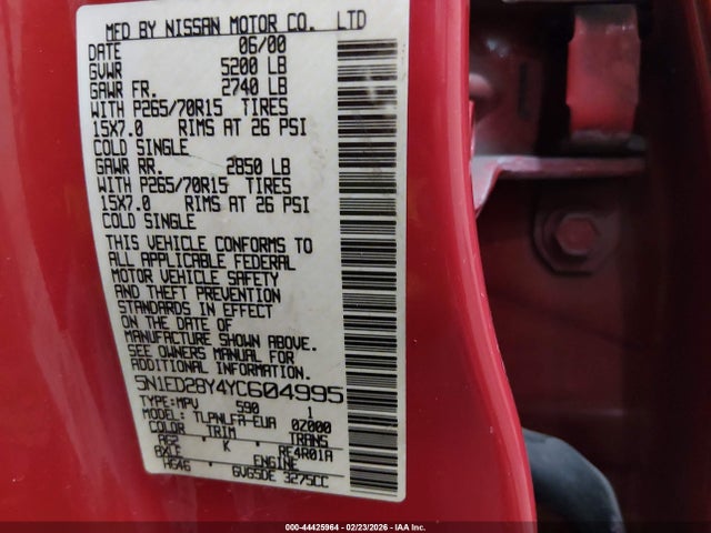 Продажа на аукционе авто 2000 Nissan Xterra Se/xe, vin: 5N1ED28Y4YC604995, номер лота: 44425964