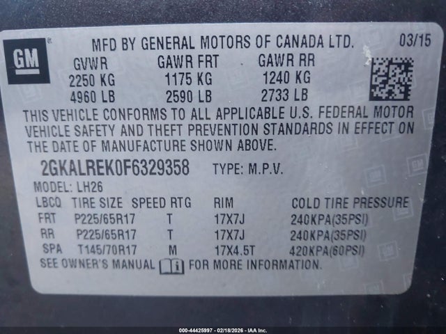 Aukcja sprzedaży 2015 Gmc Terrain Sle-2, vin: 2GKALREK0F6329358, numer aukcji: 44425997