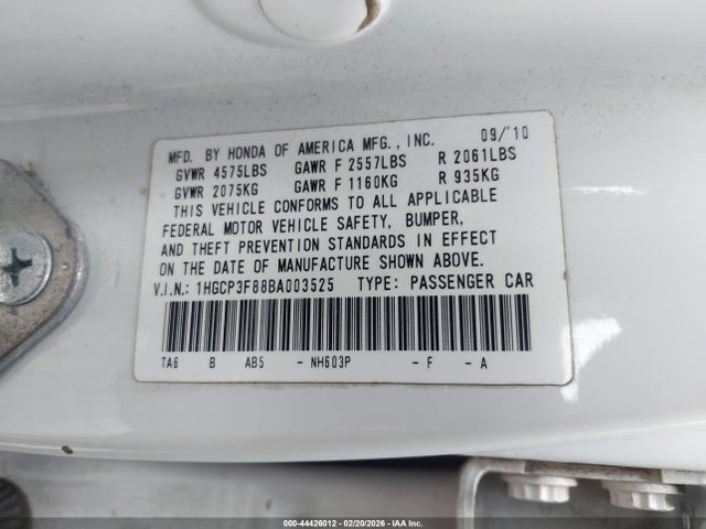 44426012 :رقم المزاد ، 1HGCP3F88BA003525 vin ، 2011 Honda Accord 3.5 Ex-l مزاد بيع