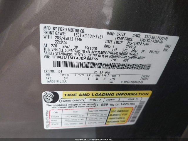 2018 Ford Expedition Platinum მანქანა იყიდება აუქციონზე, vin: 1FMJU1MT4JEA65565, აუქციონის ნომერი: 44426022