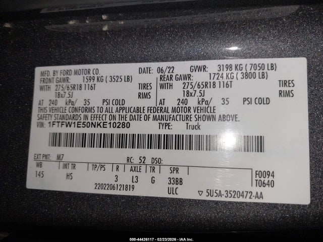 1FTFW1E50NKE10280 Ford F-150 Lariat