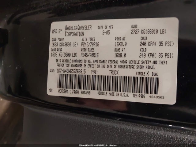 2005 Dodge Dakota Slt მანქანა იყიდება აუქციონზე, vin: 1D7HW48N65S260915, აუქციონის ნომერი: 44426135
