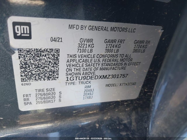 2021 Gmc Sierra 1500 4wd  Short Box Slt მანქანა იყიდება აუქციონზე, vin: 1GTU9DEDXMZ301757, აუქციონის ნომერი: 44426138