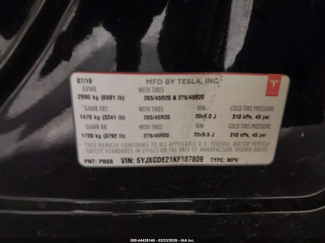 Aukcja sprzedaży 2019 Tesla Model X 100d/75d/long Range/standard Range, vin: 5YJXCDE21KF187809, numer aukcji: 44426148