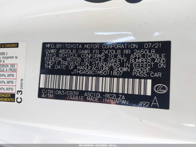 44426164 :رقم المزاد ، JTHGA5BC1M5011807 vin ، 2021 Lexus Rc 300 F Sport مزاد بيع