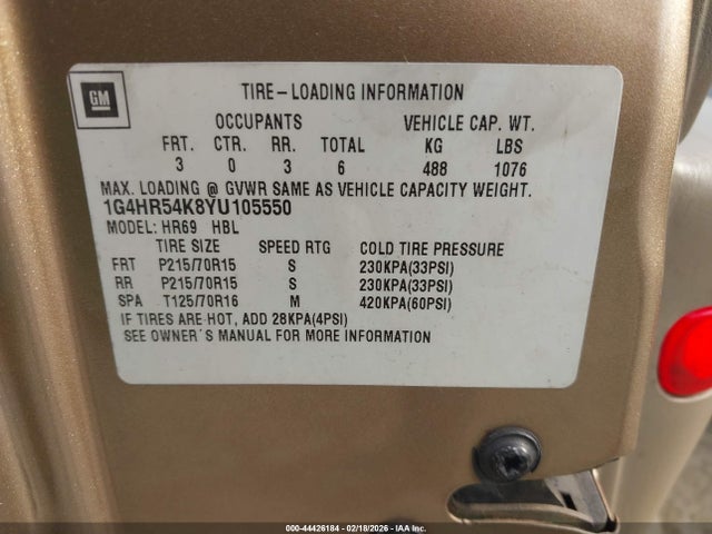 2000 Buick Lesabre Limited მანქანა იყიდება აუქციონზე, vin: 1G4HR54K8YU105550, აუქციონის ნომერი: 44426184