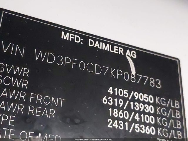 Продажа на аукционе авто 2019 Mercedes-benz Sprinter 2500 Standard Roof V6, vin: WD3PF0CD7KP087783, номер лота: 44426201