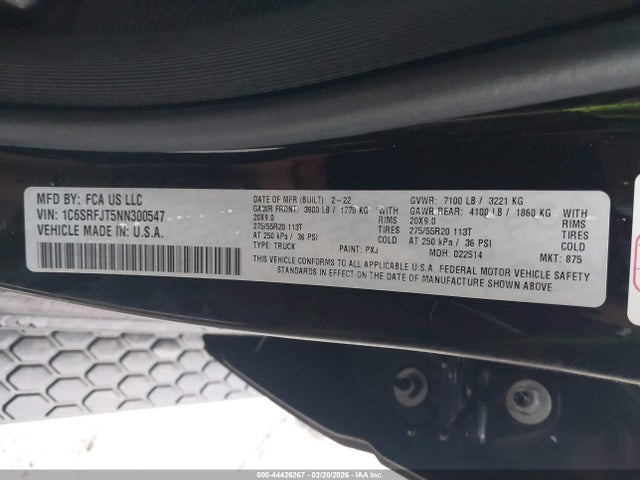 44426267 :رقم المزاد ، 1C6SRFJT5NN300547 vin ، 2022 Ram 1500 Laramie  4x4 5'7 Box مزاد بيع