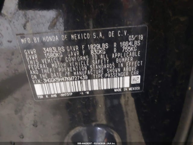 3HGGK5H47KM727439 Honda FIT LX