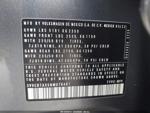 44426314 :رقم المزاد ، 3VVCB7AX5NM076461 vin ، 2022 Volkswagen Tiguan 2.0t Se R-line Black مزاد بيع