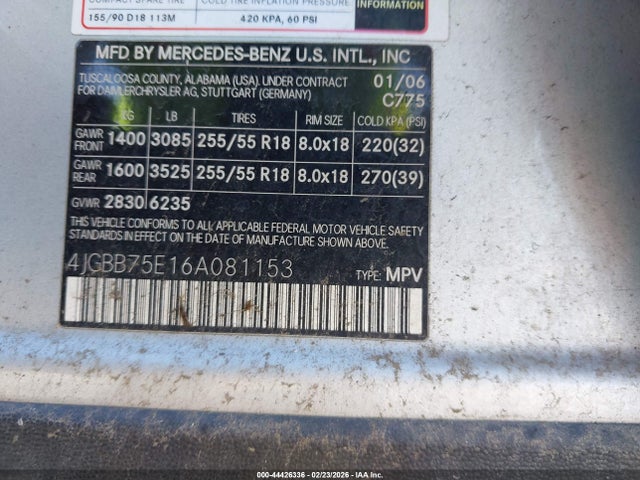 Aukcja sprzedaży 2006 Mercedes-benz Ml 500 4matic, vin: 4JGBB75E16A081153, numer aukcji: 44426336