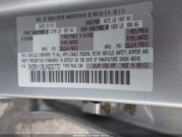 Aukcja sprzedaży 2018 Mazda Mazda3 Touring, vin: 3MZBN1V38JM200770, numer aukcji: 44426351