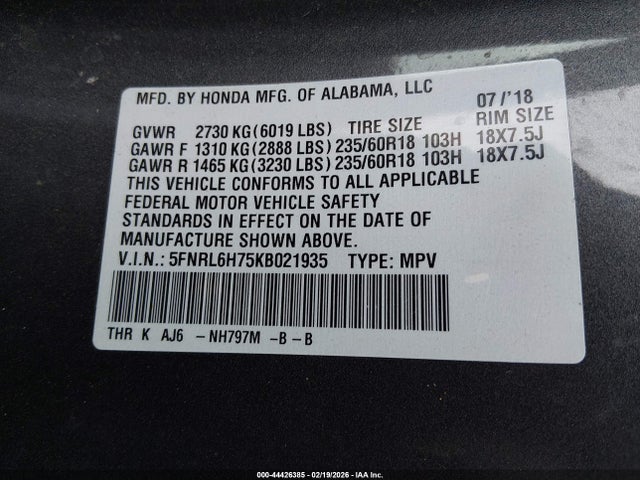 2019 HONDA ODYSSEY 5FNRL6H75KB021935 Photo 8