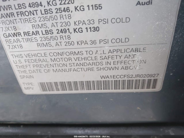2018 Audi Q3 2.0t Premium/2.0t Sport Premium მანქანა იყიდება აუქციონზე, vin: WA1ECCFS2JR020927, აუქციონის ნომერი: 44426470