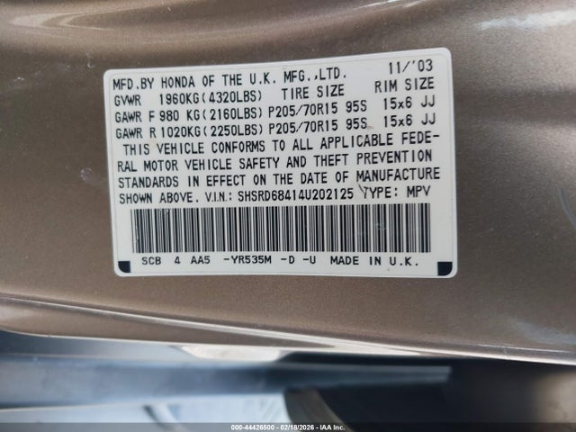 2004 HONDA CR-V SHSRD68414U202125 Photo 8