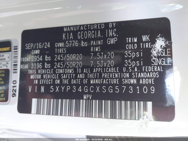 2025 Kia Telluride Ex მანქანა იყიდება აუქციონზე, vin: 5XYP34GCXSG573109, აუქციონის ნომერი: 44426555