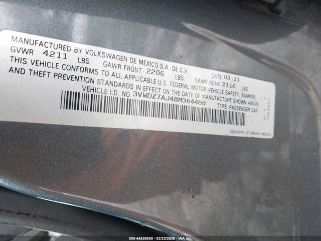 Aukcja sprzedaży 2011 Volkswagen Jetta 2.5l Se, vin: 3VWDZ7AJ4BM364488, numer aukcji: 44426580